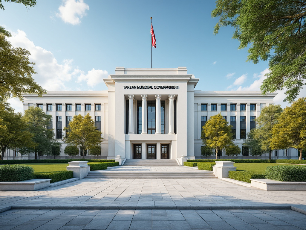 Fachada del edificio gubernamental municipal de Tarean con columnas clásicas y bandera ondeante, rodeado de jardines verdes y cielo despejado.