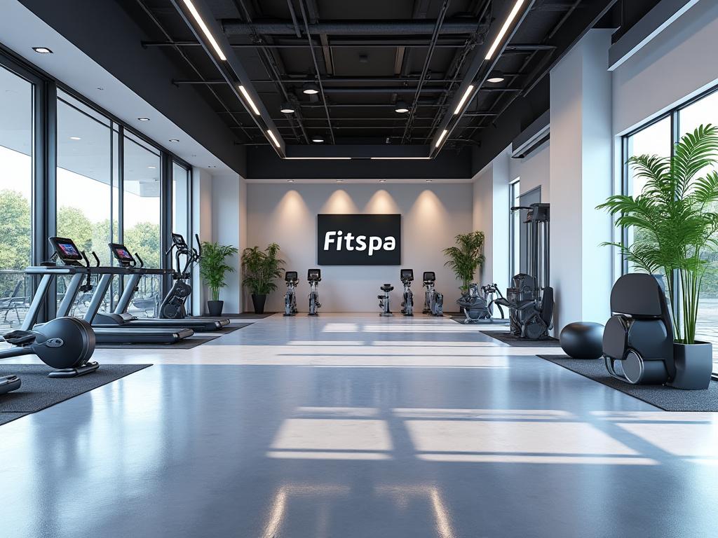 Moderno gimnasio con máquinas de ejercicio, ventanas grandes y plantas decorativas.