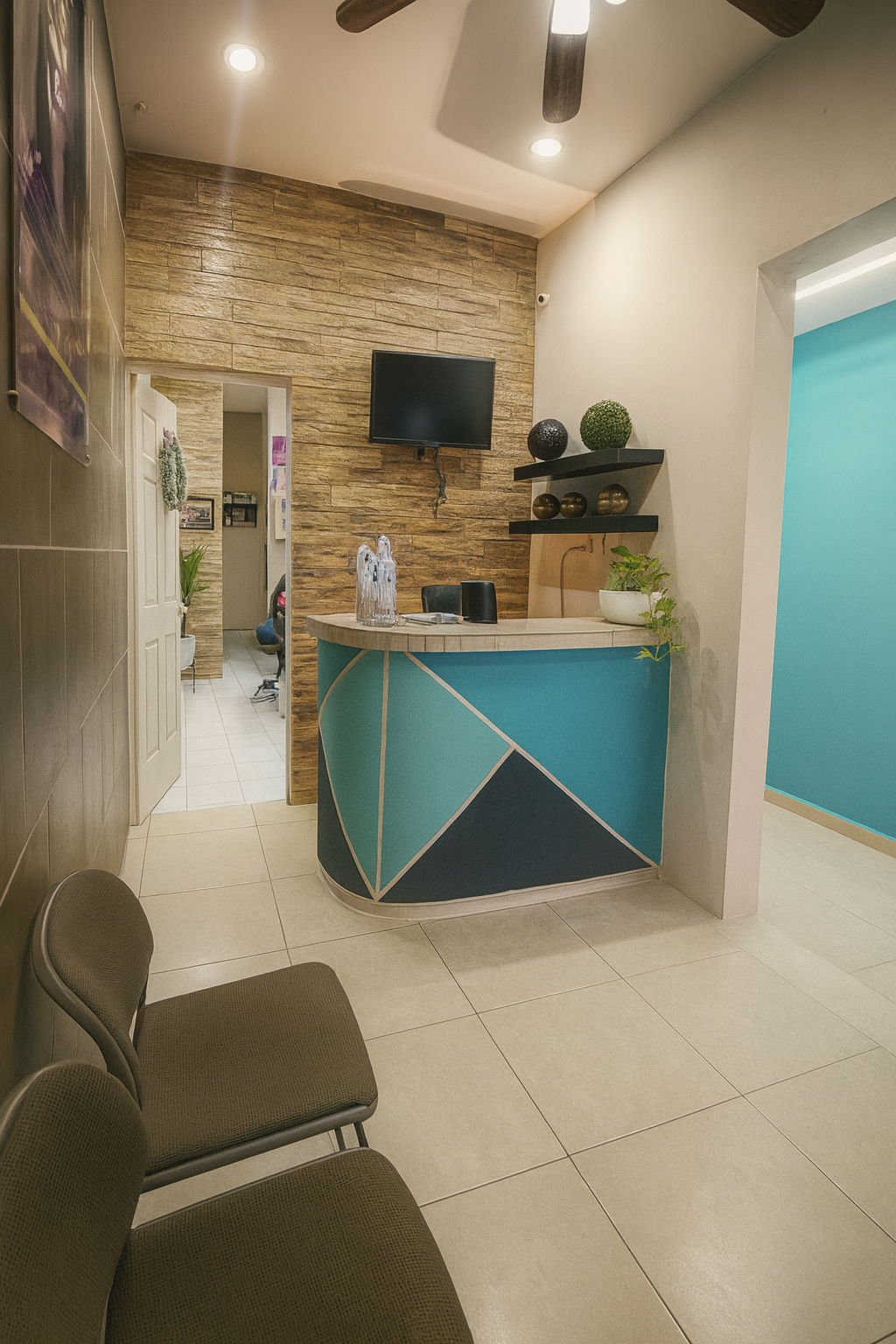 Recepción moderna con mostrador azul, sillas marrones y pared de madera con televisión.
