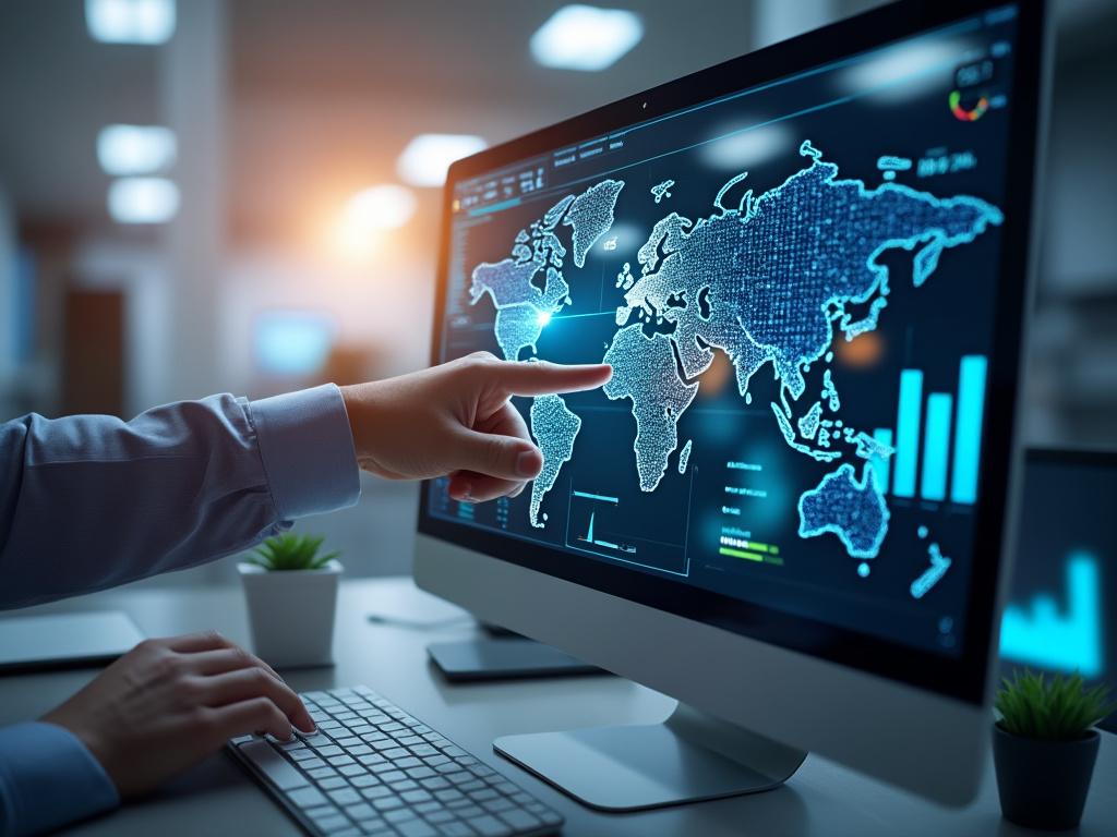 Person pointing at digital world map on computer screen in modern office setting, with graphs displayed.