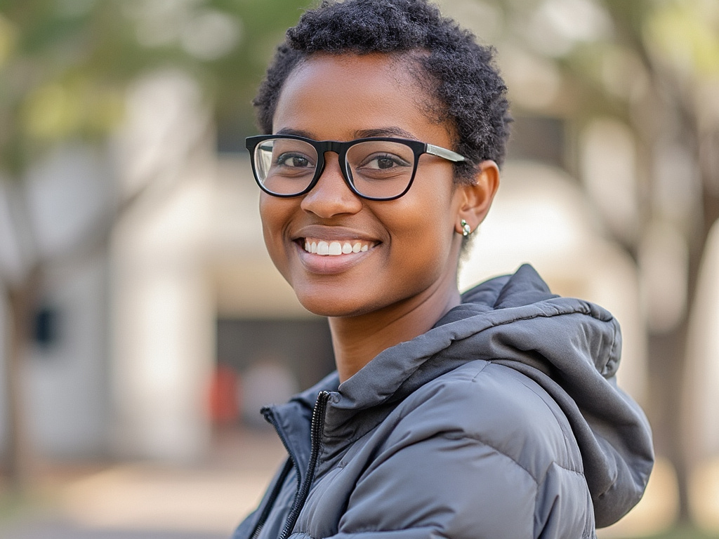 Smiling person wearing glasses and a gray jacket outdoors.