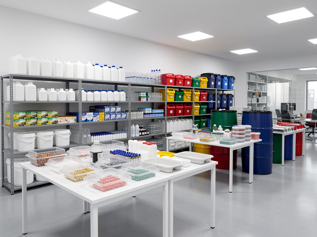 Laboratorio moderno con estanterías de envases químicos, bidones de colores y mesas de trabajo con muestras