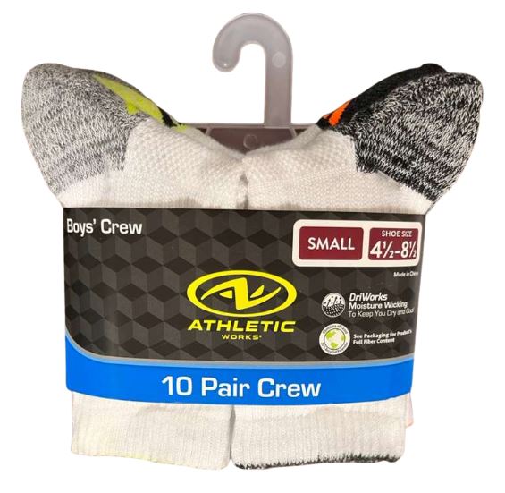 WMB0197AWP10
10PK ATHLETIC WORKS BOYS CREW SOCKS
SHOE SIZE 4 1/2 - 8 1/2
UPC 730838872110
24 CS PACK
