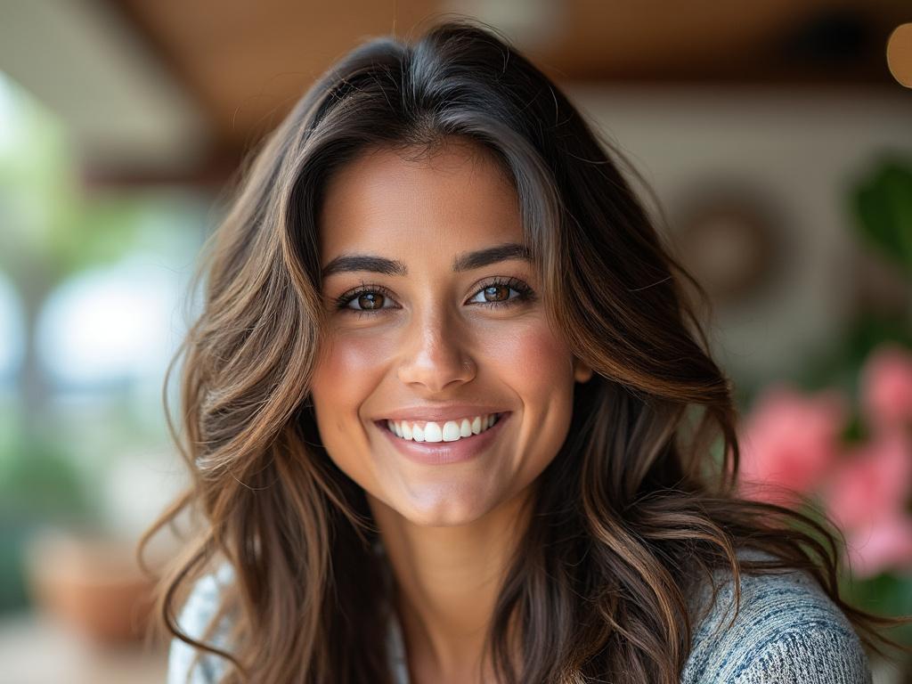 Mujer joven sonriendo con cabello castaño, fondo desenfocado.