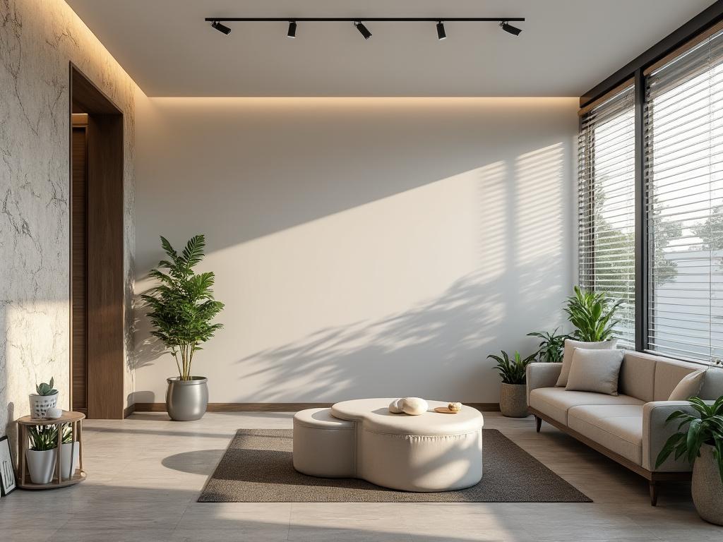 Modern living room with large windows, white couch, round coffee table, and potted plants.