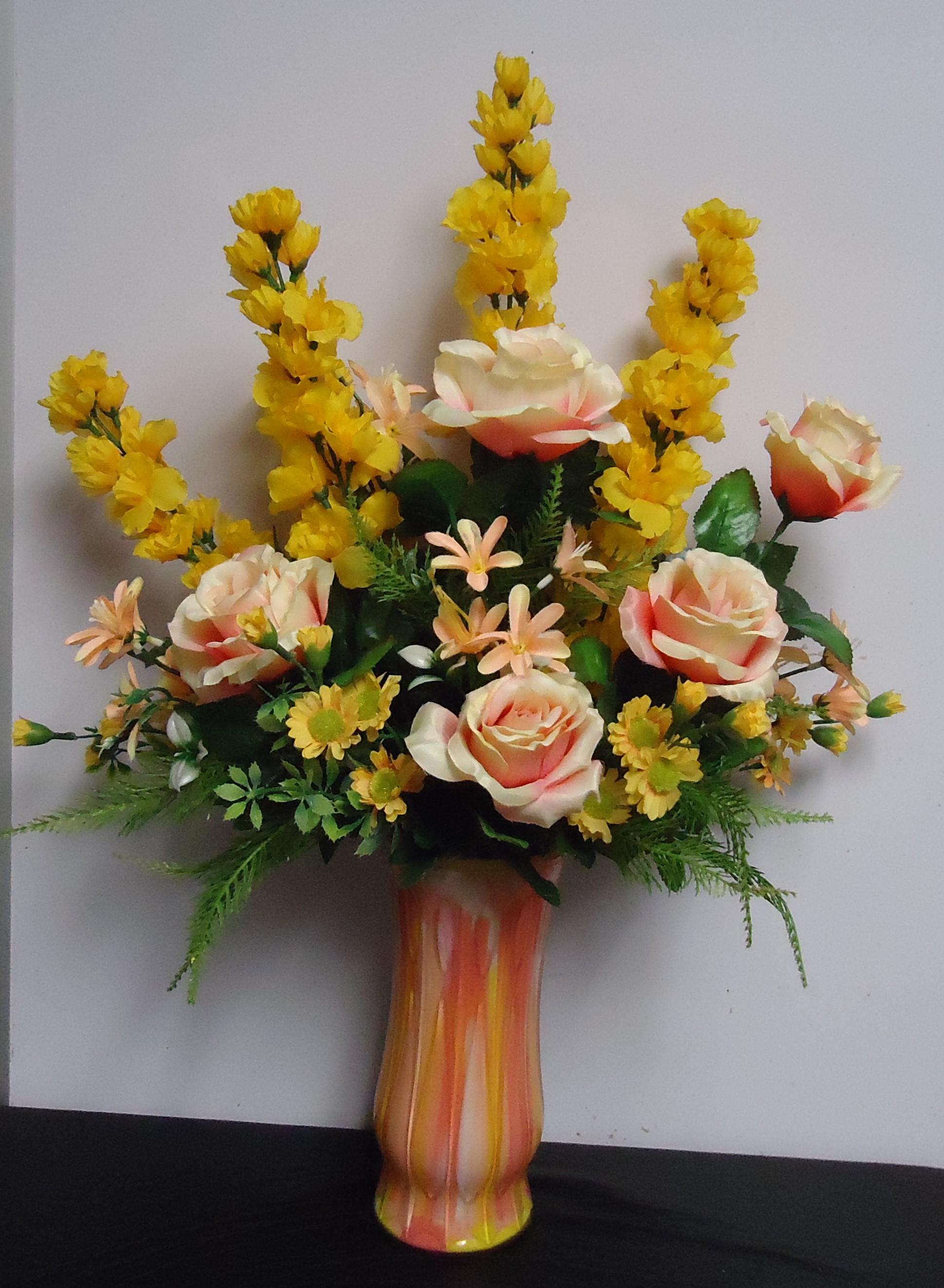 (44) "Silk" Vase Arrangement
(Peach & Yellow Mix)
$65.00