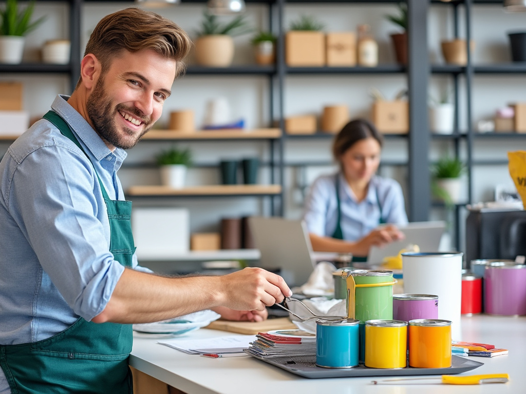 Hombre sonriente en una tienda de pinturas con latas de colores brillantes y compañera trabajando en segundo plano.