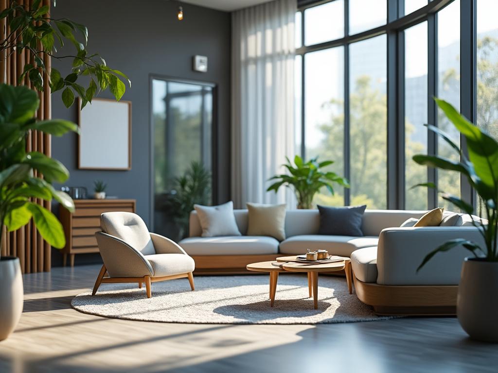 Sala de estar moderna con muebles elegantes, plantas interiores, luz natural y ventanales grandes.