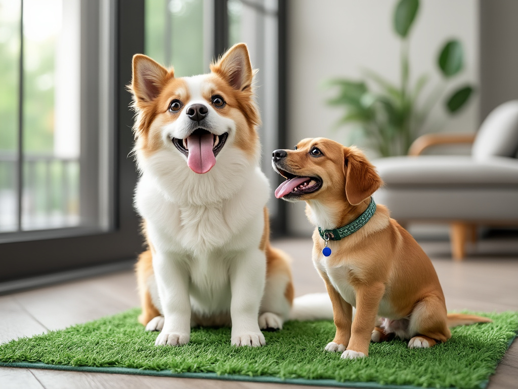 Dos perros felices sentados sobre una alfombra verde en una sala iluminada por el sol, junto a una ventana grande.