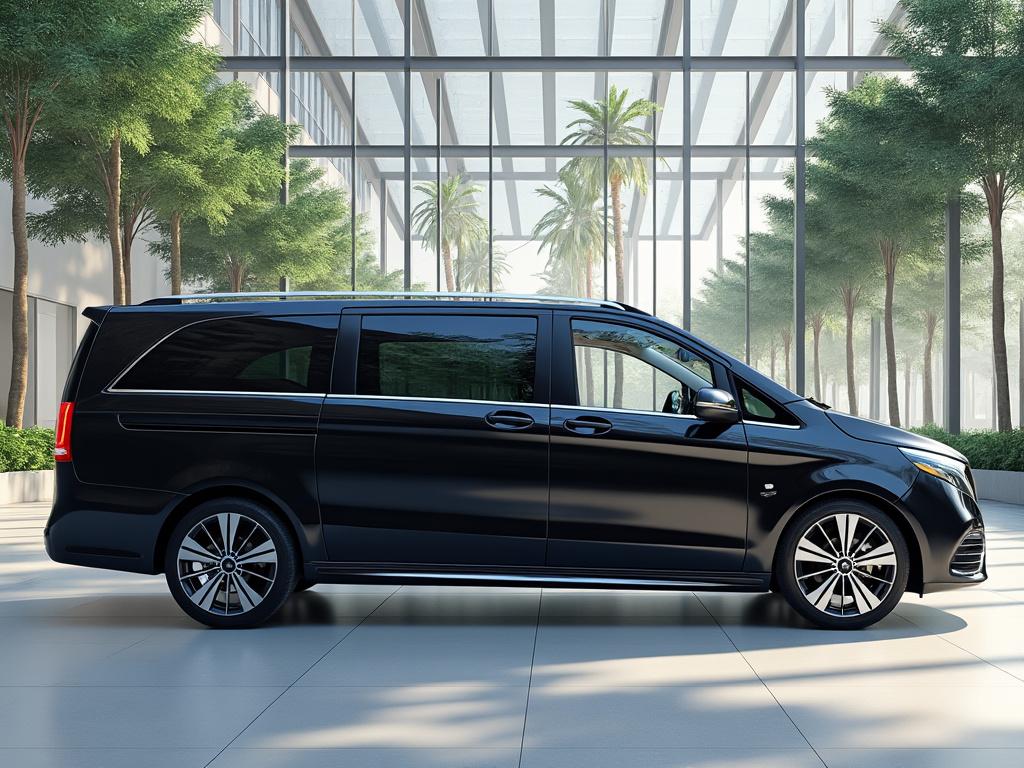 Furgoneta negra estacionada en un interior moderno con grandes ventanales y palmeras.