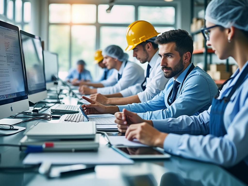 Grupo de personas en una oficina moderna trabajando en computadoras, con algunos usando cascos de seguridad y uniformes, enfocándose en pantallas.