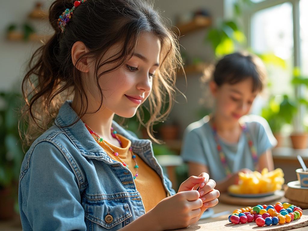 Niña con chaqueta vaquera haciendo manualidades con collares de colores en una cocina iluminada por el sol.
