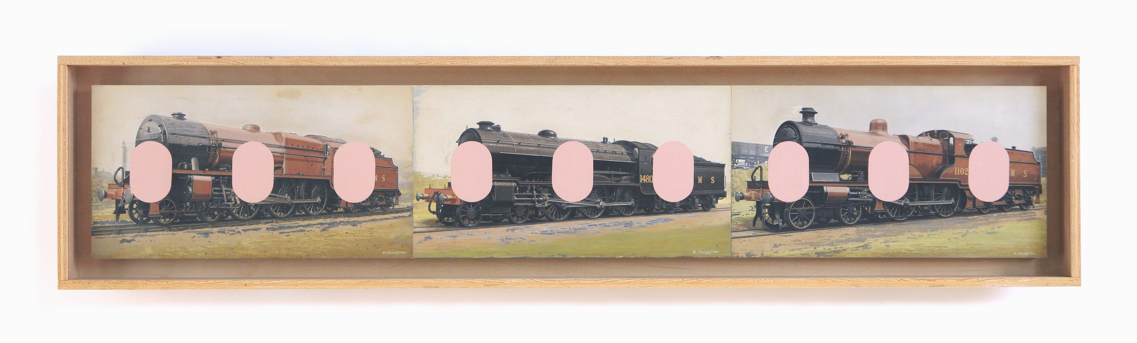 Nine pink ovals on three found steam train paintings, in a plywood frame.