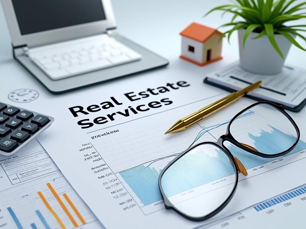 Mesa de trabajo con gráficos de servicios inmobiliarios, portátil, gafas, planta y calculadora.