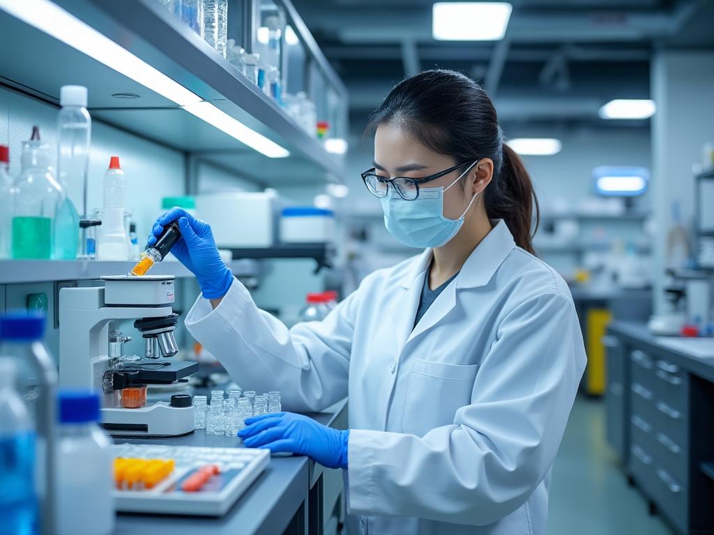 Científica trabajando con microscopio y probetas en laboratorio moderno, usando guantes y mascarilla.