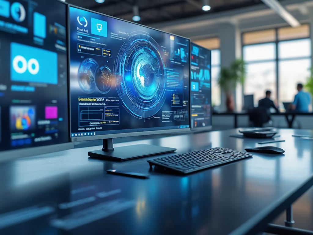 Oficina moderna con computadora de escritorio, pantalla mostrando gráficos de datos digitales, y personas trabajando al fondo. Oficina moderna con computadora de escritorio, pantalla mostrando gráficos de datos digitales, y personas trabajando al fondo.