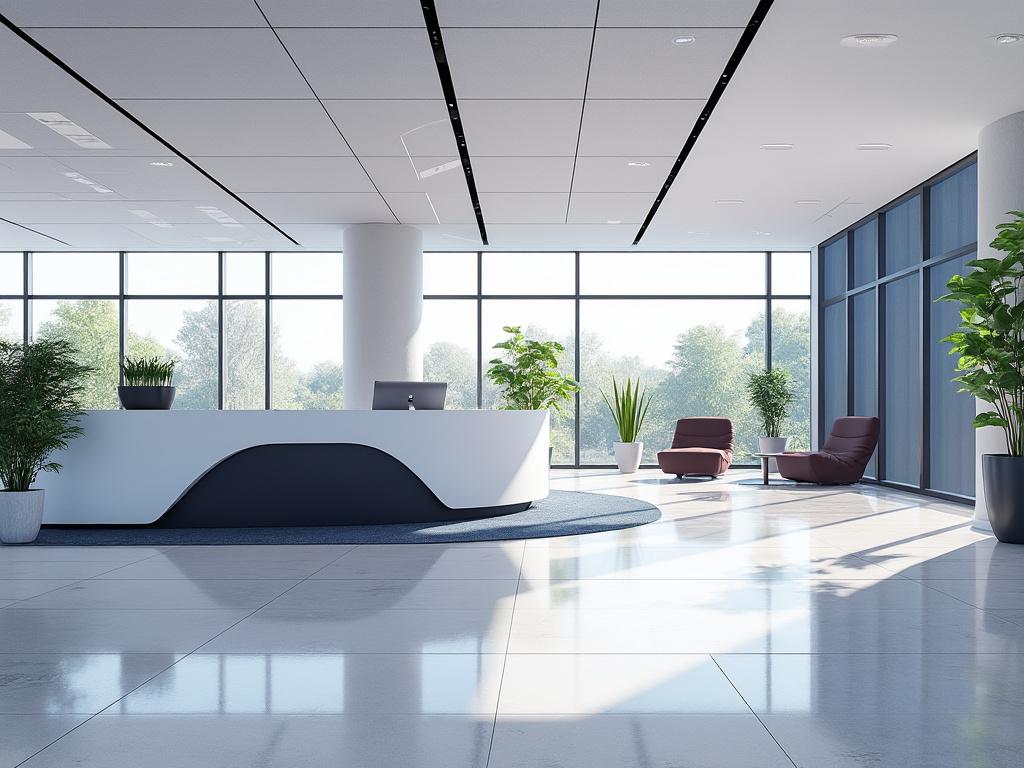 Recepción moderna con escritorio blanco curvo y sillas cómodas, rodeada de plantas verdes en un espacio iluminado por ventanales grandes.