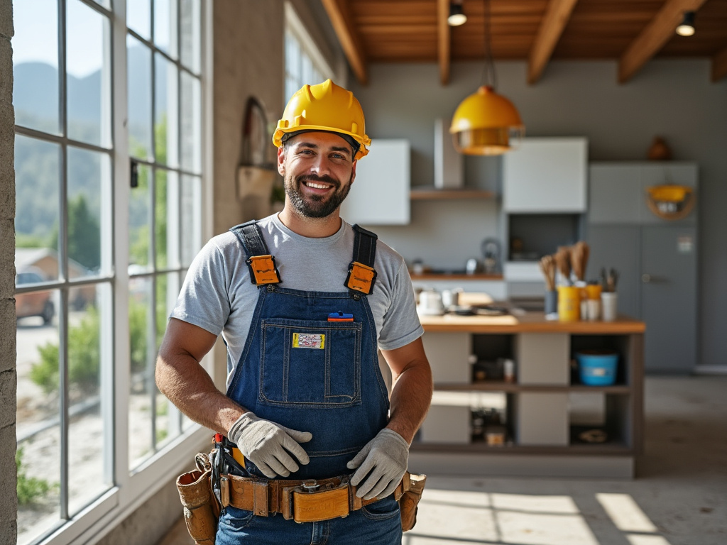 Smiling construction worker wearing a hard hat and overalls stands inside a modern kitchen with large windows.