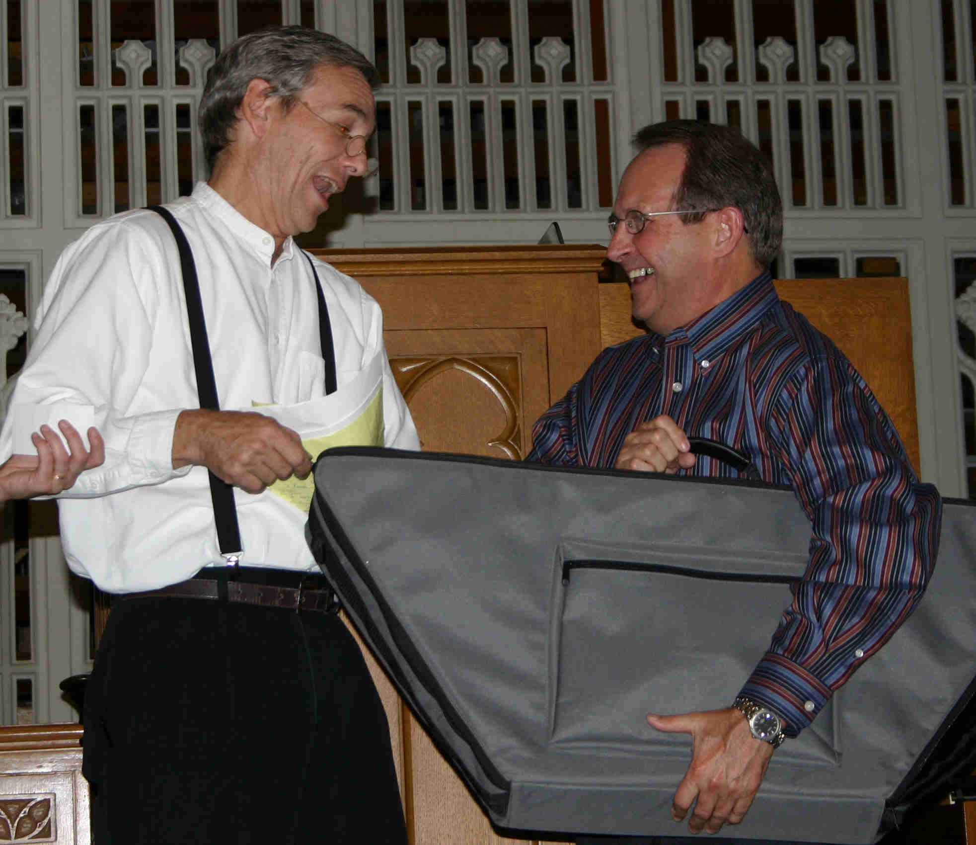 Our beloved Bob Hastings being presented a hammered dulcimer by Rick Thum