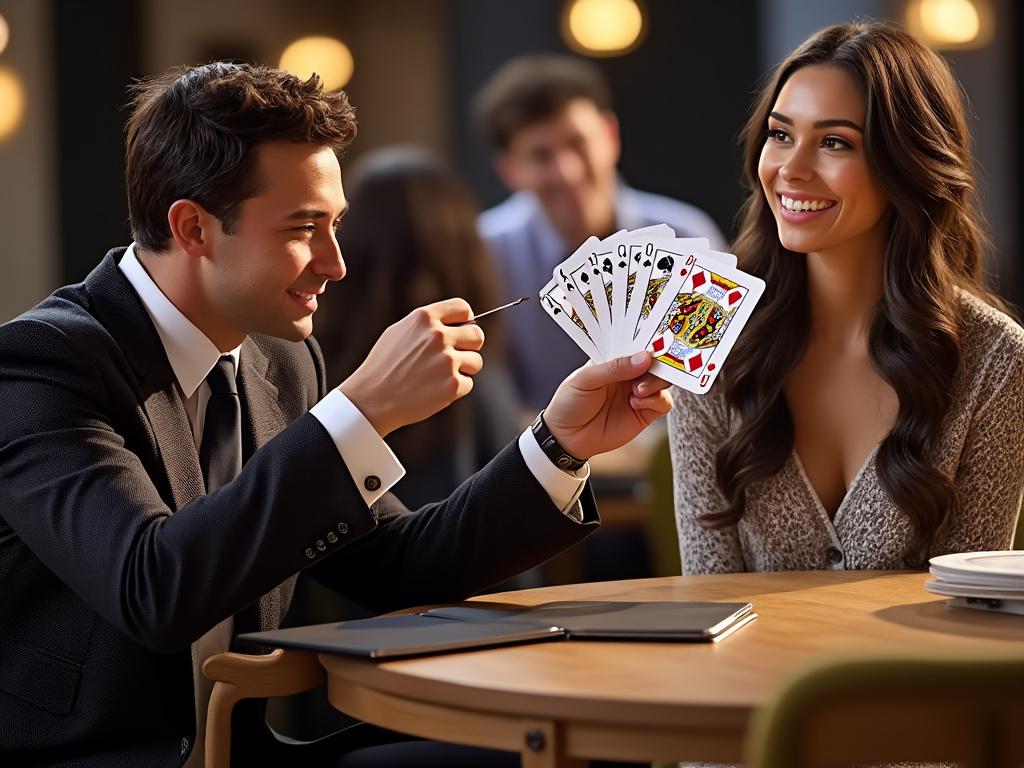 Smiling man in a suit performing a card trick for a woman at a table, with other people in soft focus in the background. Smiling man in a suit performing a card trick for a woman at a table, with other people in soft focus in the background.