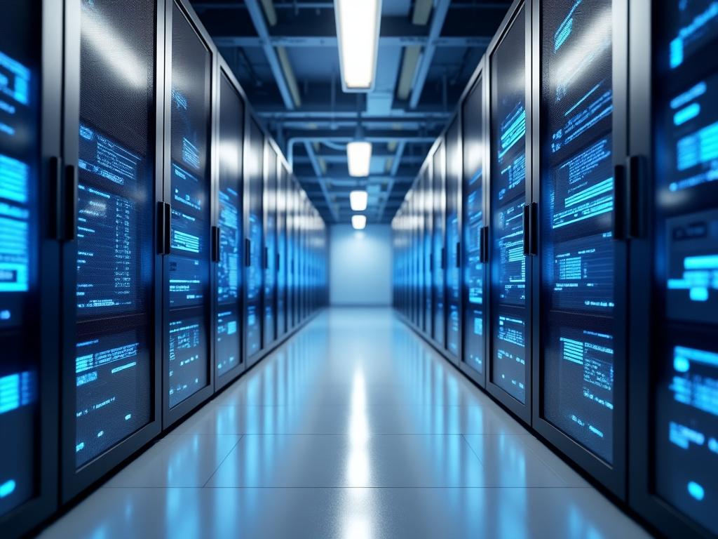 Pasillo de un centro de datos con servidores iluminados en azul.