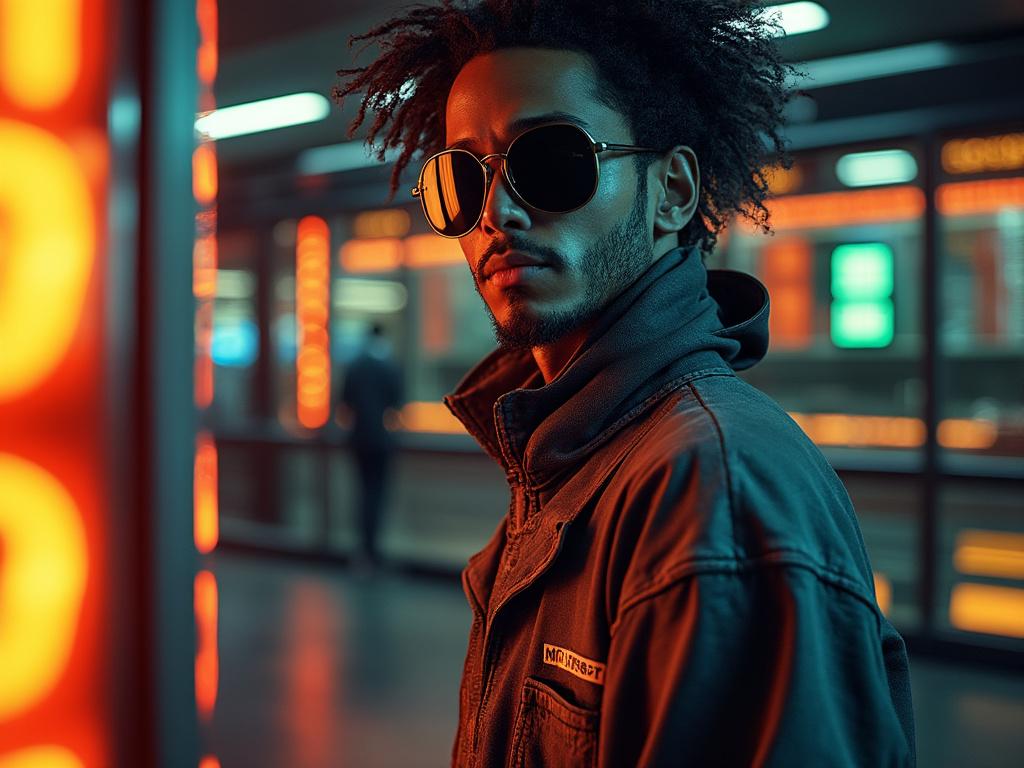 Hombre con gafas de sol y chaqueta, iluminado por luces de neón en un entorno urbano nocturno.