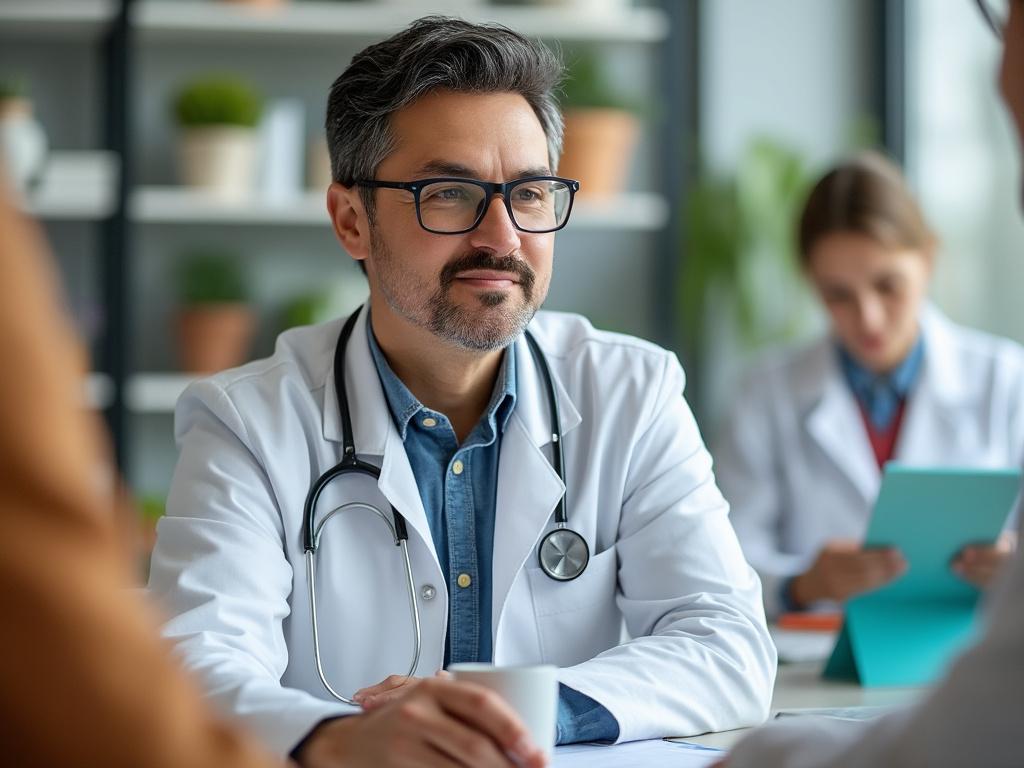 Male doctor with glasses and stethoscope discussing with colleagues in modern office.