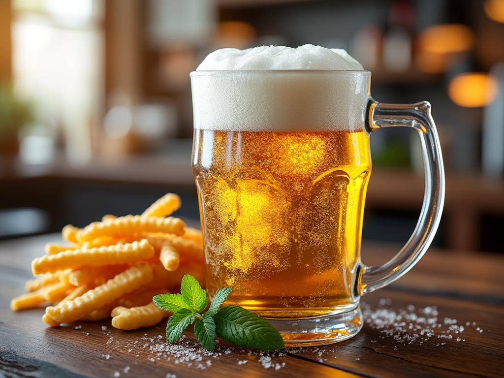 Un vaso de cerveza con espuma junto a papas fritas y una hoja de menta sobre una mesa de madera.