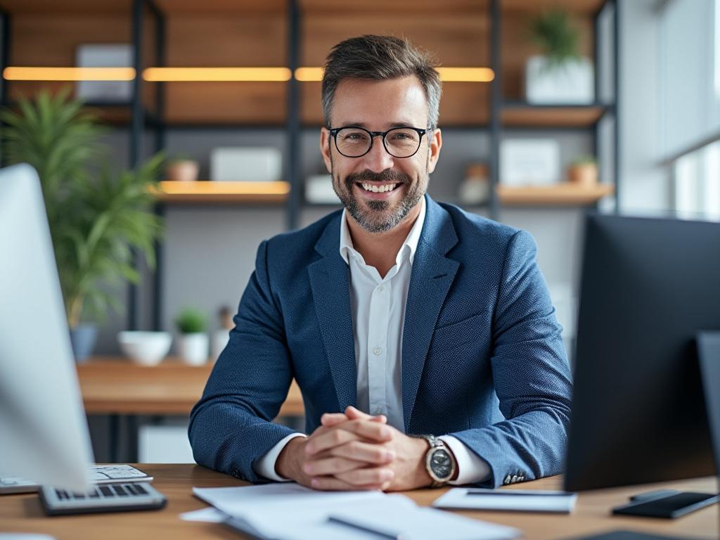 Smiling man in glasses and a blue suit sitting at a desk with monitors, plants, and shelves in a modern office setting.