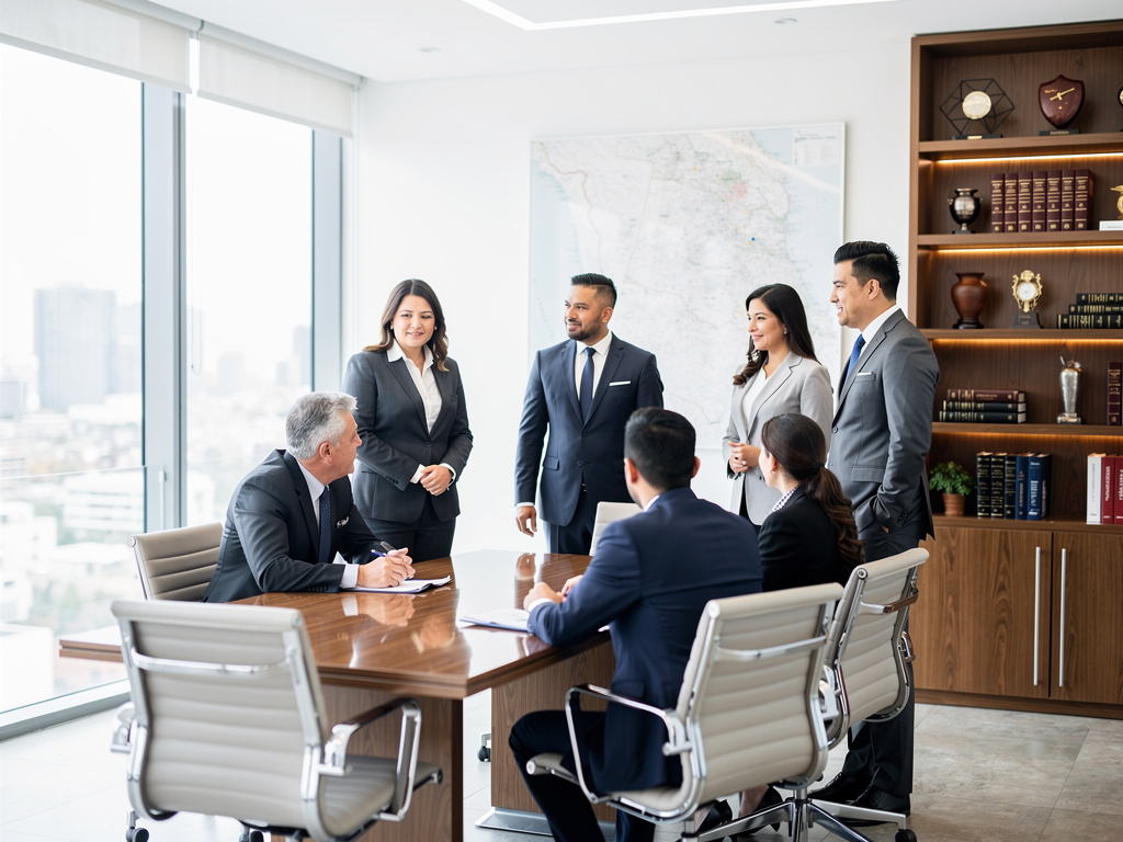 Equipo de abogados en reunión corporativa en una oficina moderna con mesa de conferencias