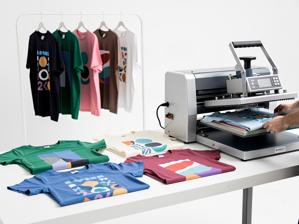 Heat press machine printing colorful graphic designs on T-shirts in a custom apparel workshop