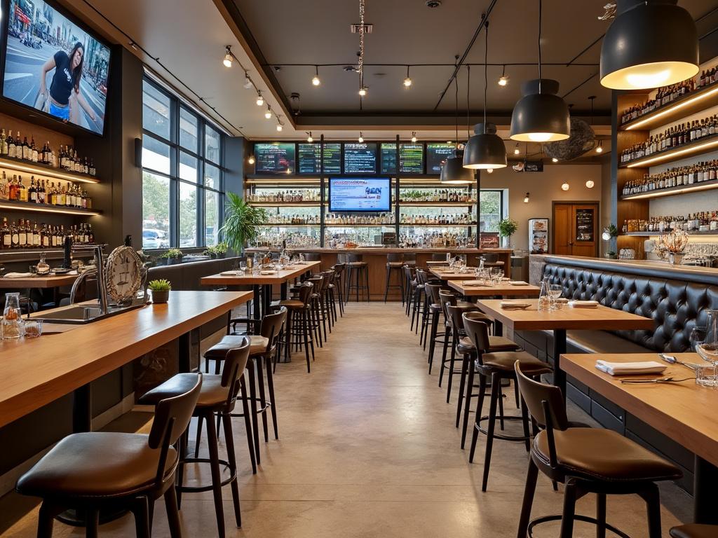 Interior de un bar moderno con mesas de madera, sillas altas, estantes llenos de botellas y pantallas sobre la barra.