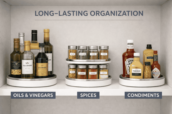 Professional organizer working with homeowner sorting kitchen items during organization session