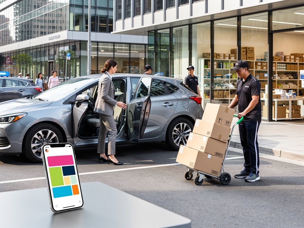 Delivery workers unload cardboard boxes from a cart to a businesswoman’s car outside a modern office building, with mobile app interface shown