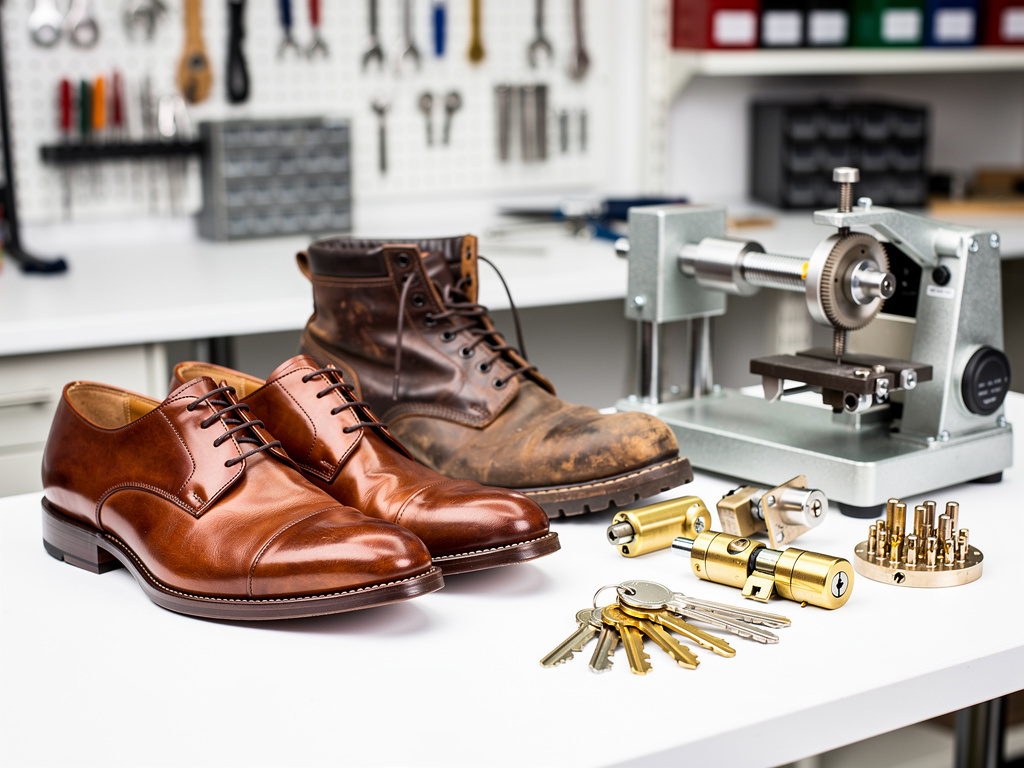 Zapatos de cuero, bota de trabajo, llaves y cilindros de cerradura en taller de reparación con máquina duplicadora