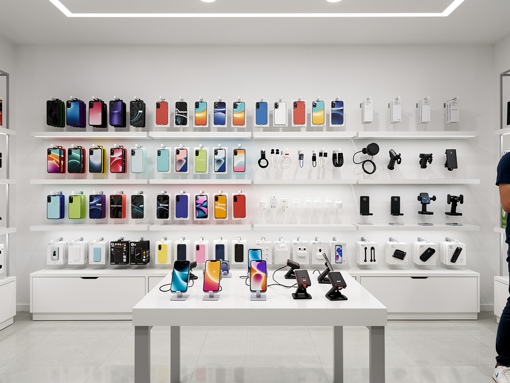 Tienda de accesorios para móviles con fundas, cargadores, soportes y smartphones exhibidos en estantes blancos