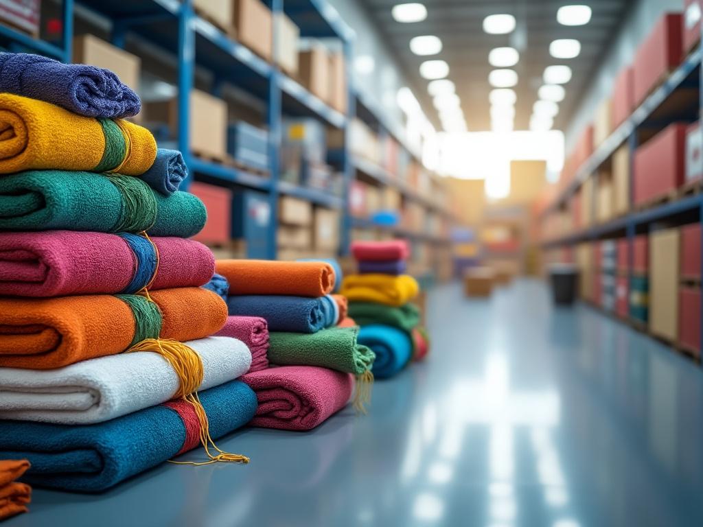 Estanterías de almacén con cajas de cartón y telas de colores apiladas en un piso reflexivo.