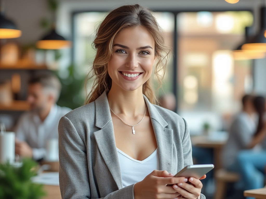 Smiling businesswoman in gray blazer holding smartphone in a modern cafe office setting Smiling businesswoman in gray blazer holding smartphone in a modern cafe office setting