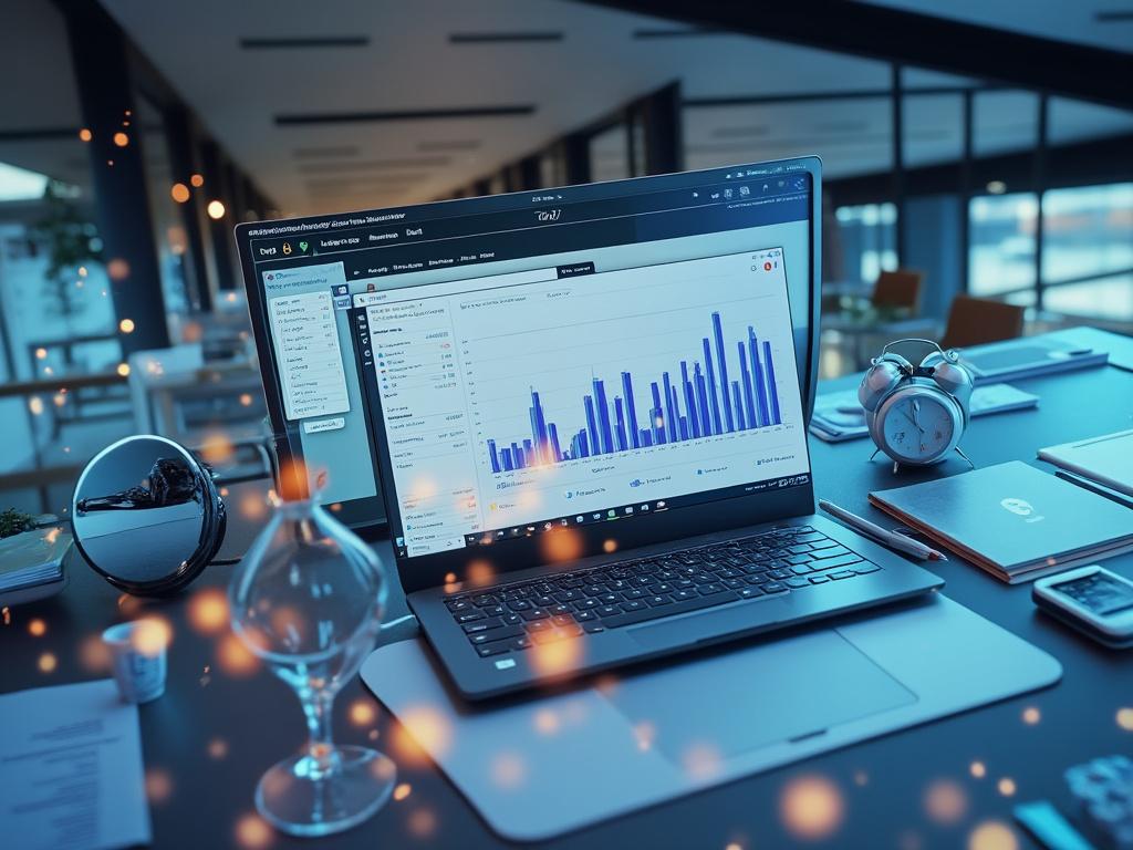 Oficina moderna con portátil mostrando gráficos de negocio, reloj de alarma y documentos sobre el escritorio.