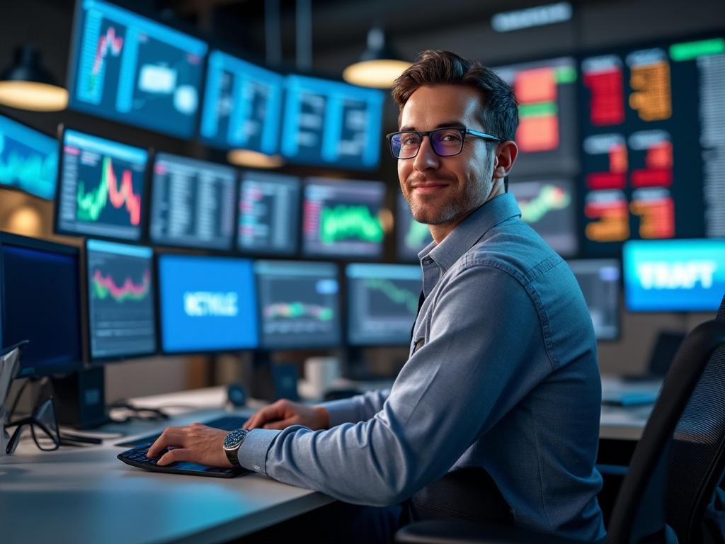 Hombre trabajando en oficina con múltiples pantallas que muestran gráficos financieros en un ambiente moderno.