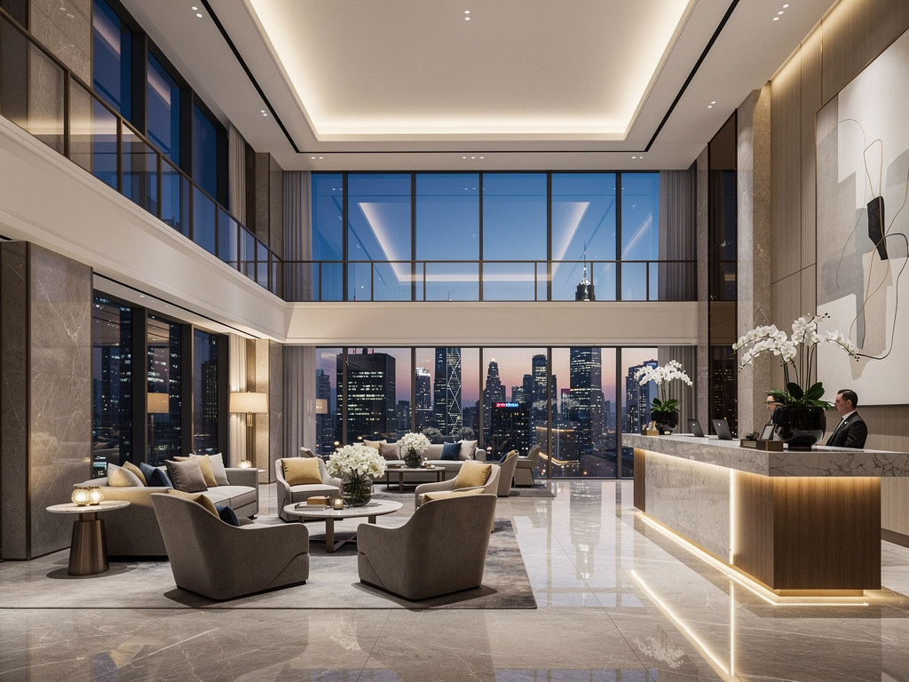 Lobby de hotel de lujo moderno con recepción iluminada, zona de estar elegante y vistas panorámicas a la ciudad de noche