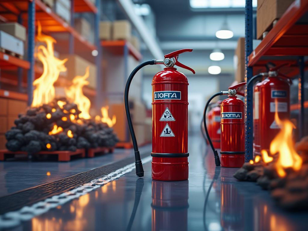 Extintores rojos en un almacén con fuego en estanterías cercanas, resaltando medidas de seguridad contra incendios.