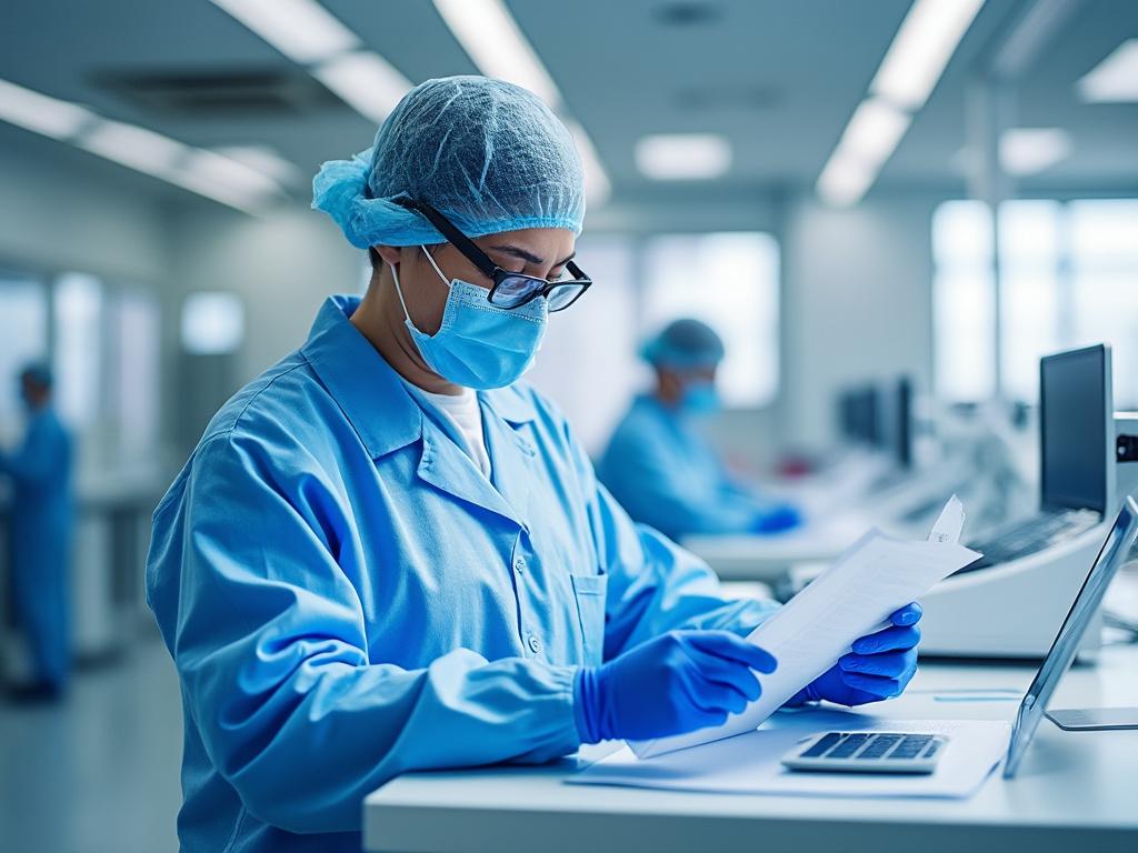 Científico de laboratorio con bata azul revisando documentos en un entorno de investigación.