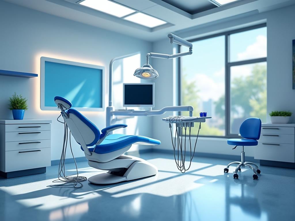 Consultorio dental moderno con equipo odontológico azul, silla de paciente y ventana grande. Consultorio dental moderno con equipo odontológico azul, silla de paciente y ventana grande.