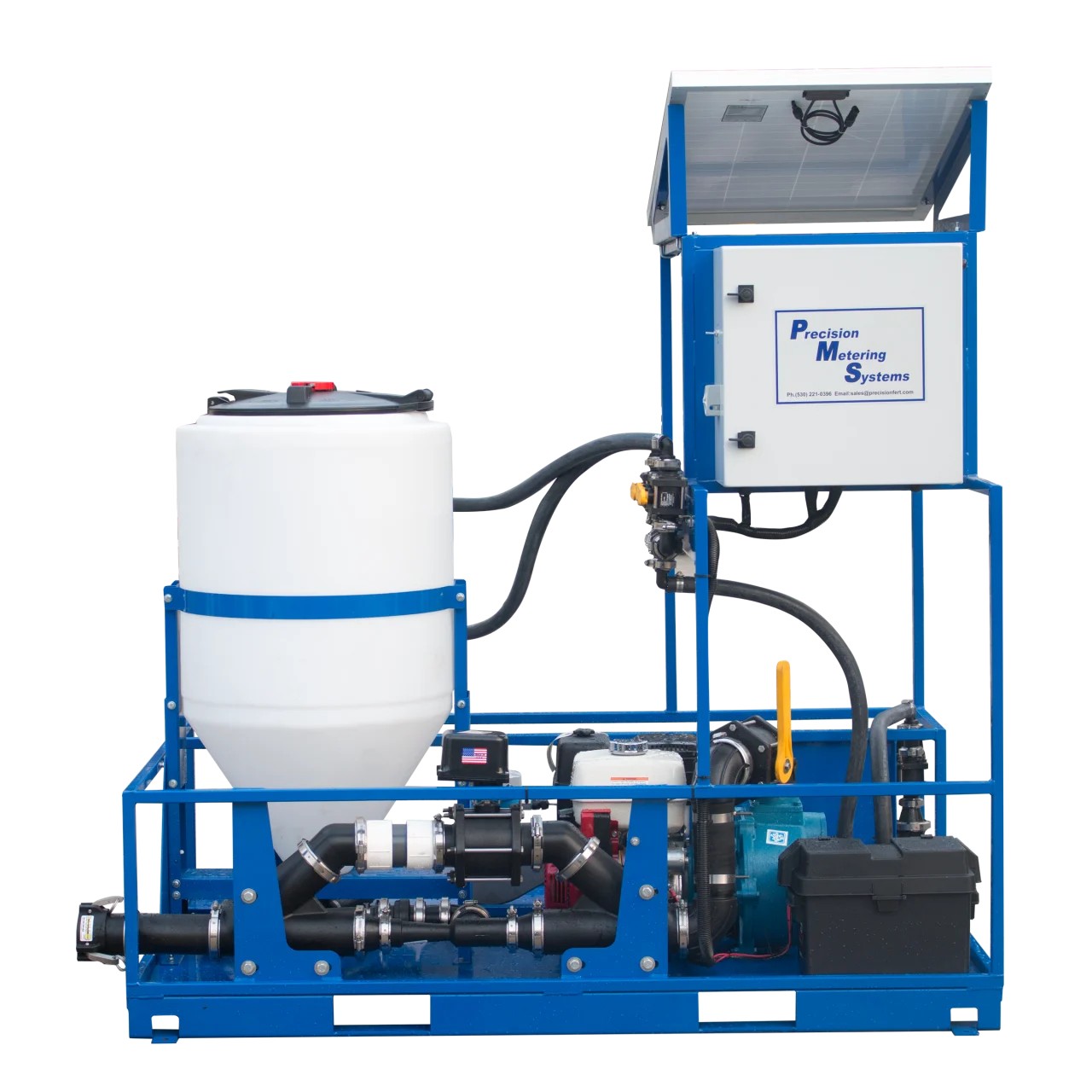 Industrial control panel with digital display beside white tank, metal piping in modern factory setting.