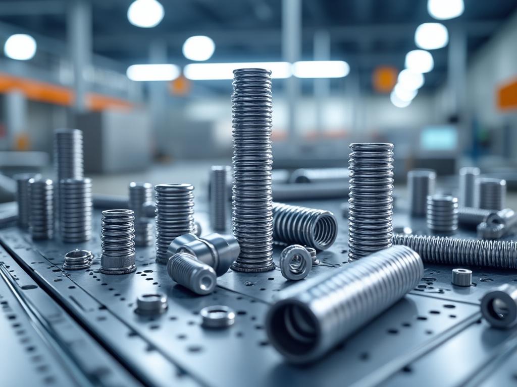 Varios resortes de metal sobre una mesa en un taller industrial con fondo desenfocado.