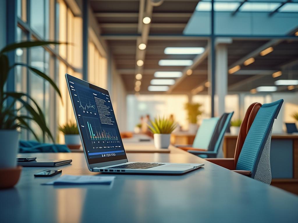 Oficina moderna con ordenador portátil mostrando gráficos en la pantalla y sillas ergonómicas rodeadas de plantas bajo luz natural.