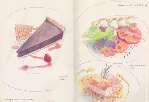 Lunch at the Hotel Crillon Le Brave 23 June 2011
11.5" x 16.5"; pen and sepia ink and coloured pencils in Moleskine Sketchbook
See http://travelsketch.blogspot.co.uk/2011/06/another-sketch-of-french-meal.html