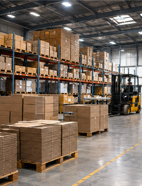 Línea automatizada de fabricación y empaquetado de cajas de cartón en una planta industrial