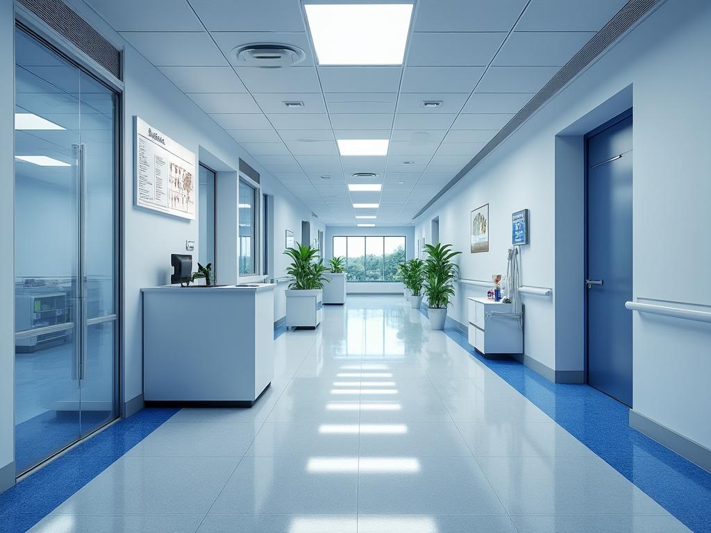 Pasillo de hospital moderno y luminoso con paredes azules, suelo de azulejos y plantas decorativas.
